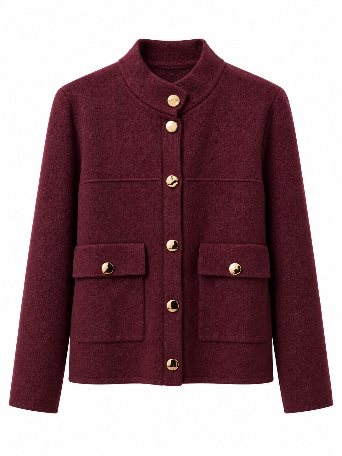 Giacca in Maglia con Collo alla Coreana, Bottoni Dorati e Tasche con Patta - Panna, Grigio, Bordeaux, Nero, Marrone