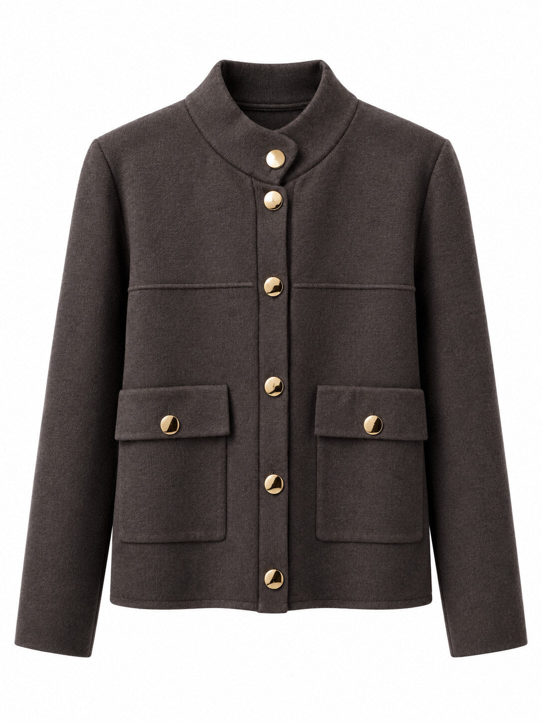 Giacca in Maglia con Collo alla Coreana, Bottoni Dorati e Tasche con Patta - Panna, Grigio, Bordeaux, Nero, Marrone