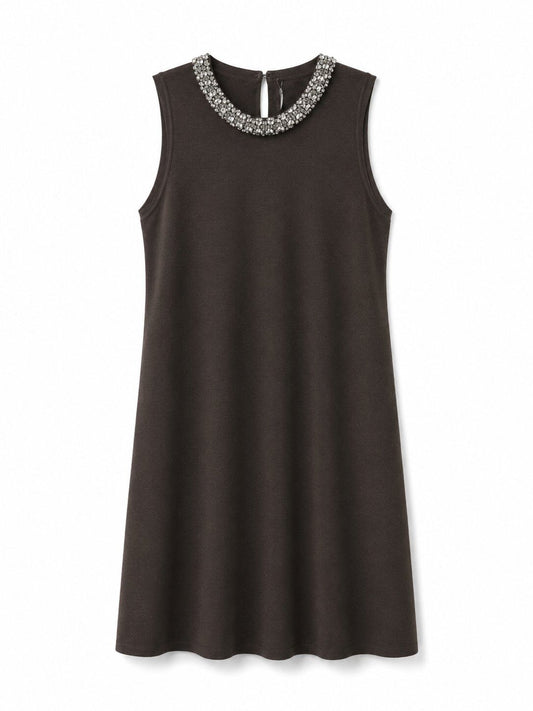 Abito in Maglia con Collo Gioiello - Nero, Beige, Grigio, Marrone