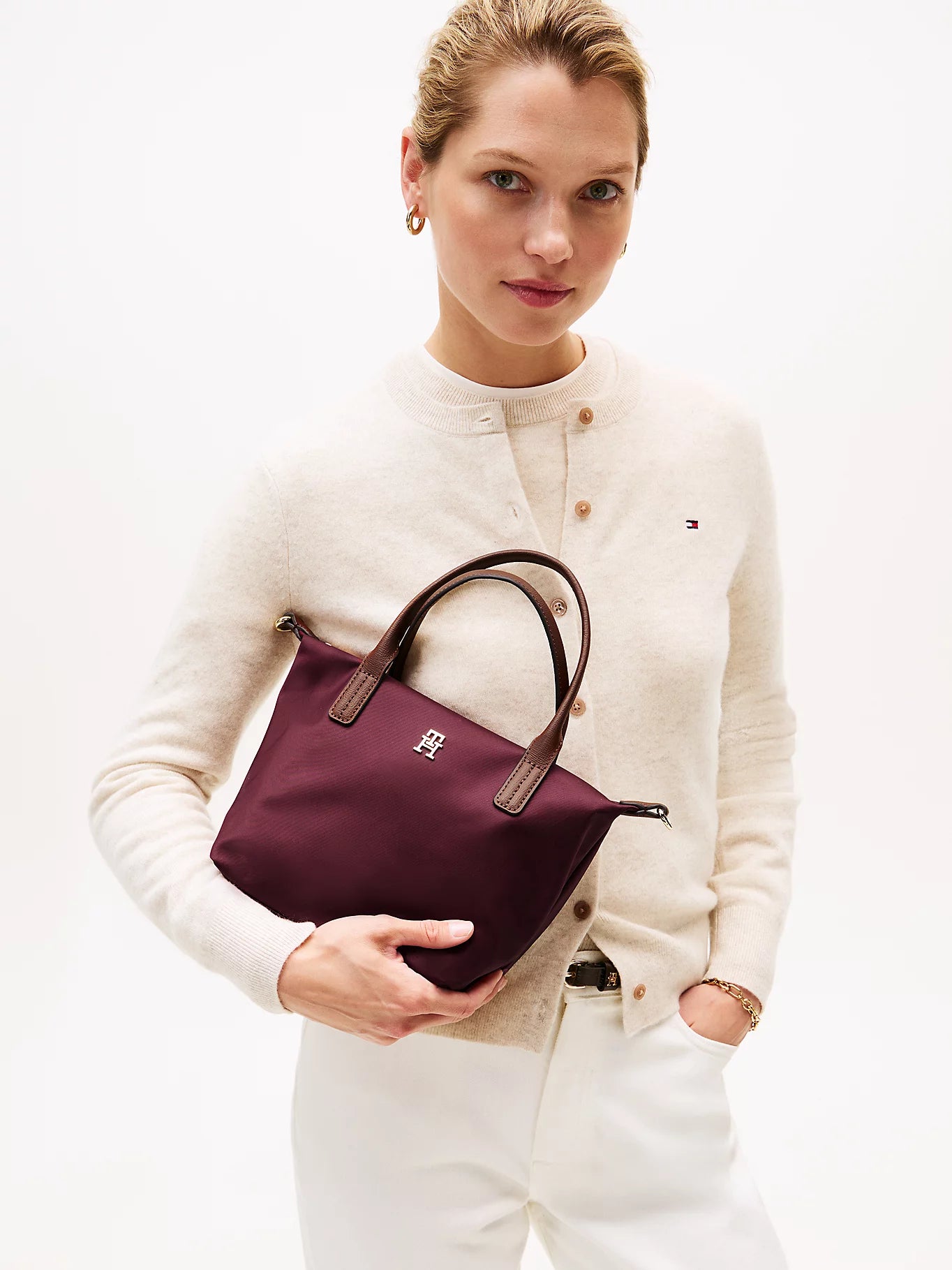 Borsa piccola in tessuto con manici e tracolla - Bordeaux