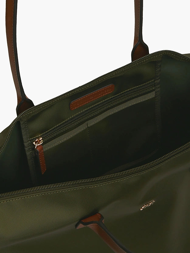 Borsa Shopper in Nylon di Medie Dimensioni. Marrone, Verde Militare