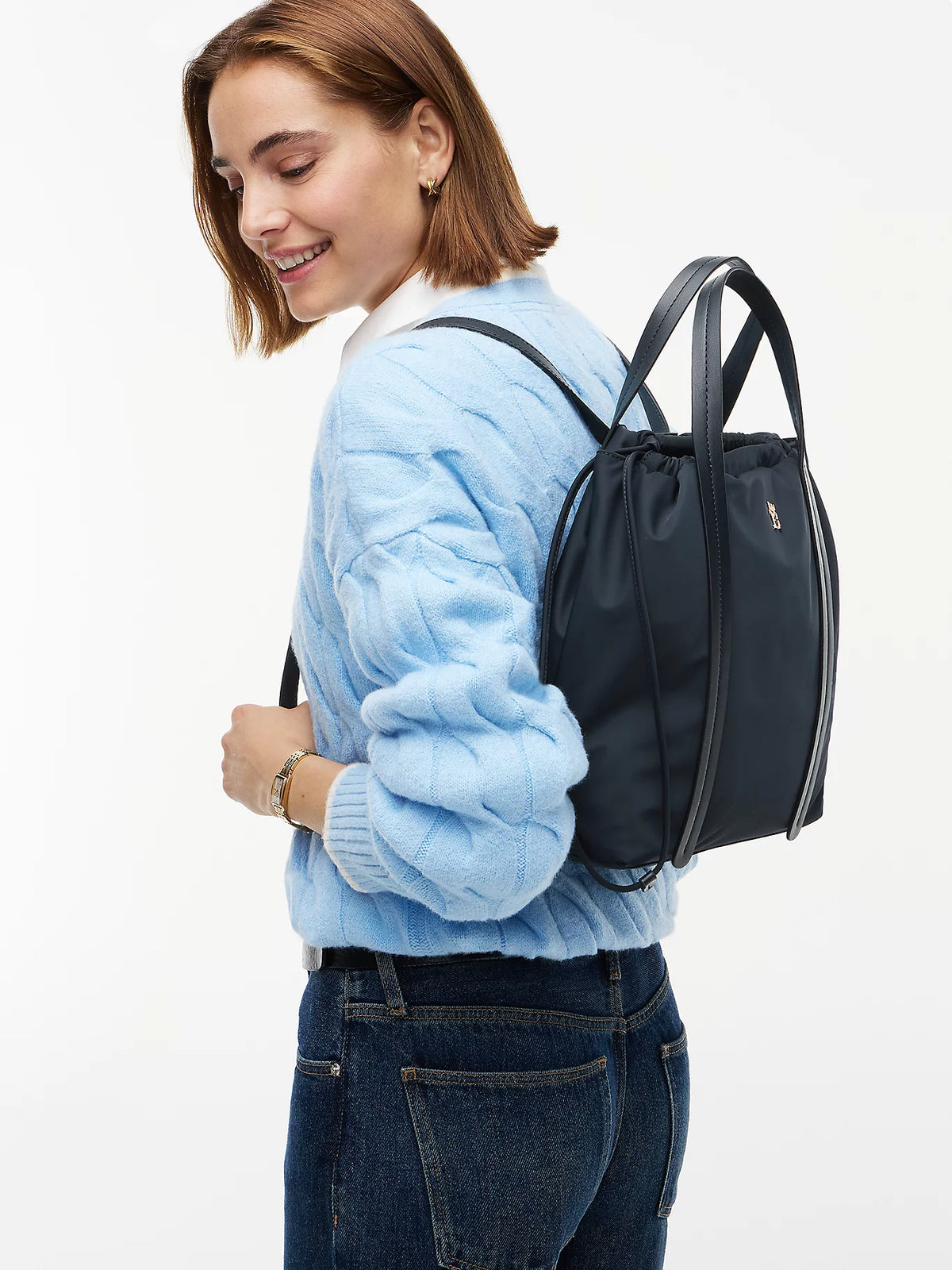 Borsa Shopper in Nylon Sostenuto Convertibile in Zaino - Nero, Blu
