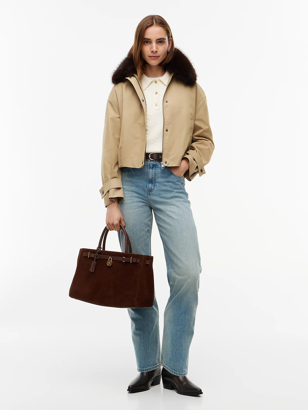 Borsa Grande in Pelle Scamosciata Marrone con Due Manici e Tracolla