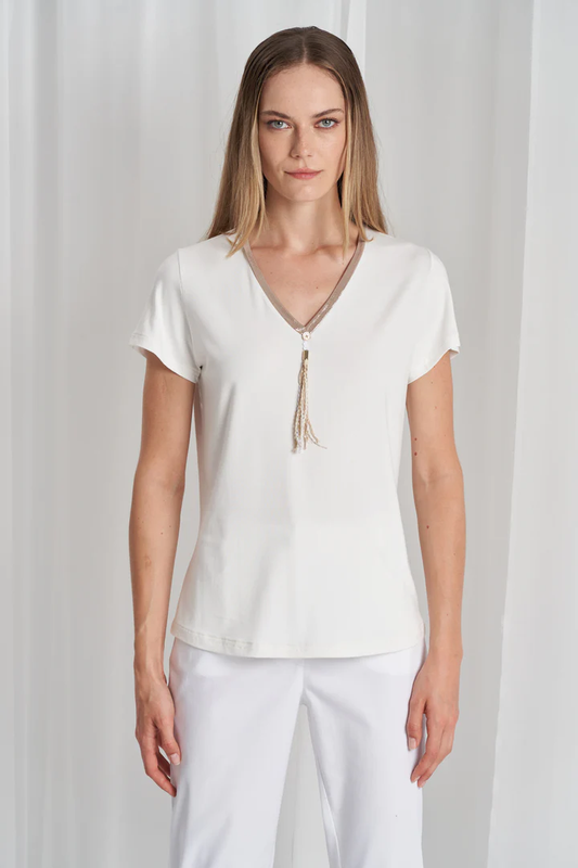 T-shirt con scollo a v e dettagli dorati
