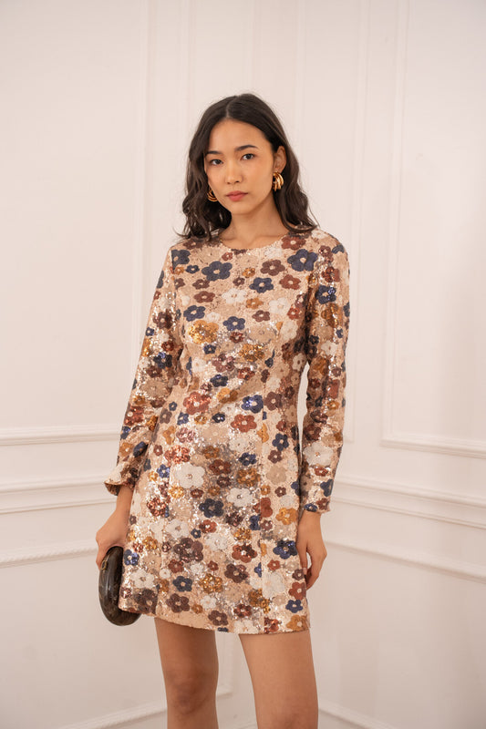Abito corto a maniche lunghe con paillettes e fiori multicolori