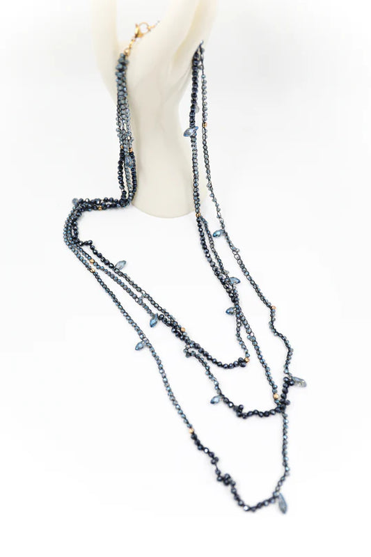 3-strand necklace with crystals - Blue, Champagne, Bronze