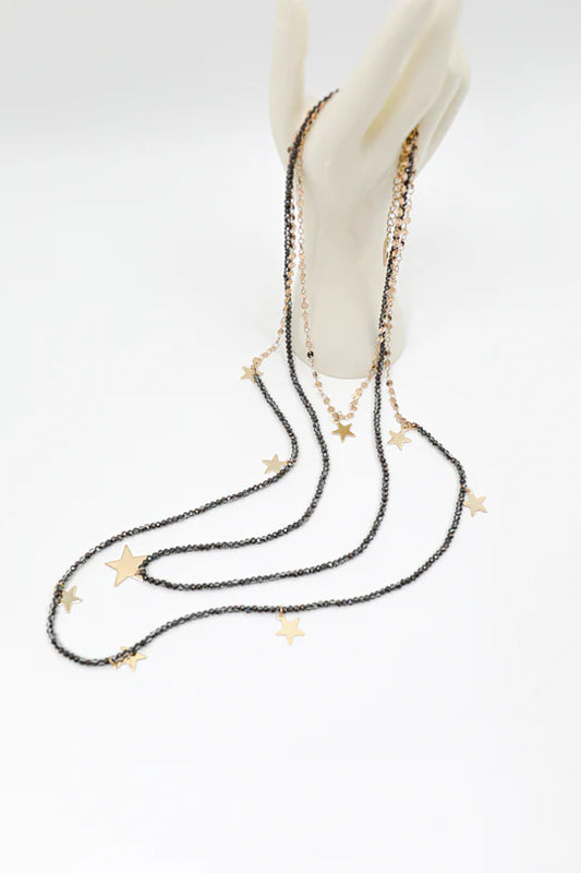 3-strand necklace with stars - Champagne, Grey, Black