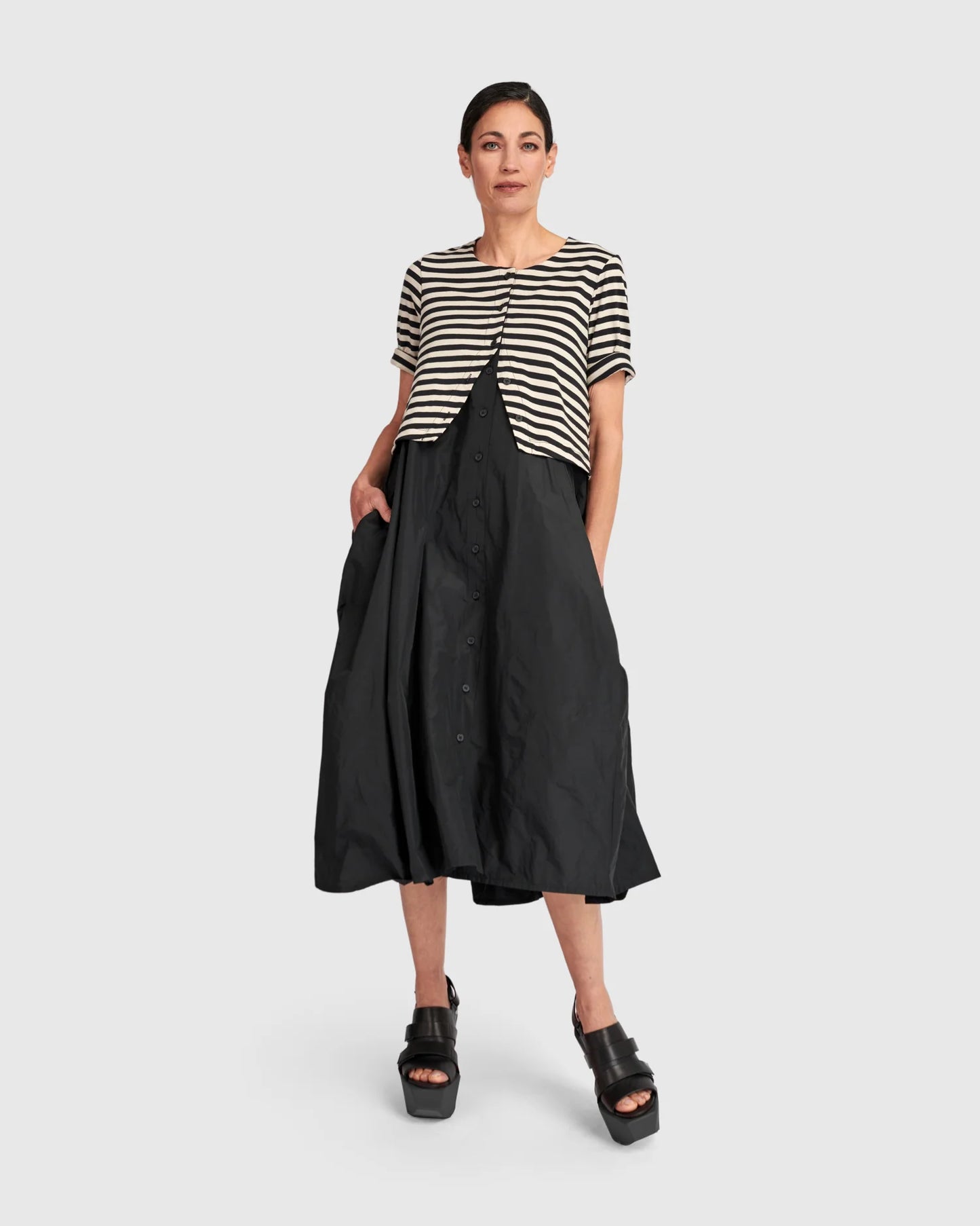 Abito in taffetà con giacchino a righe - Nero