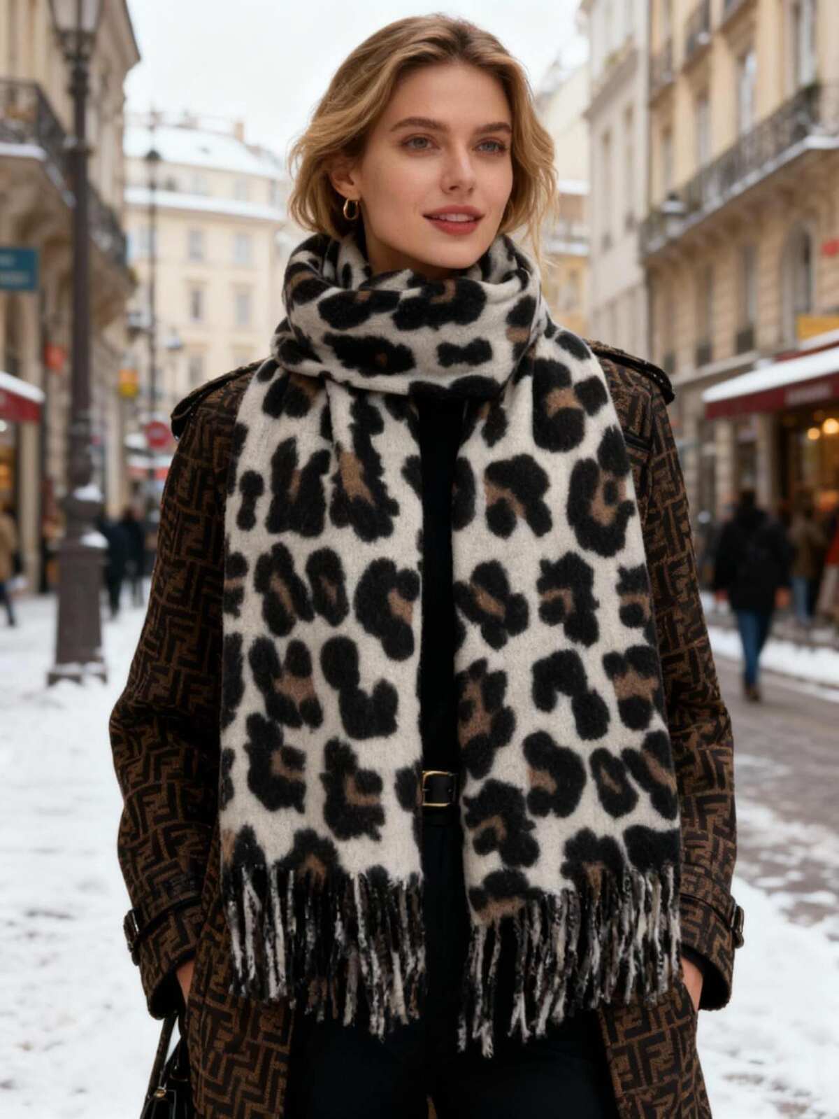 Sciarpa in Stampa Animalier - Beige, Bianco, Kaki, Tortora