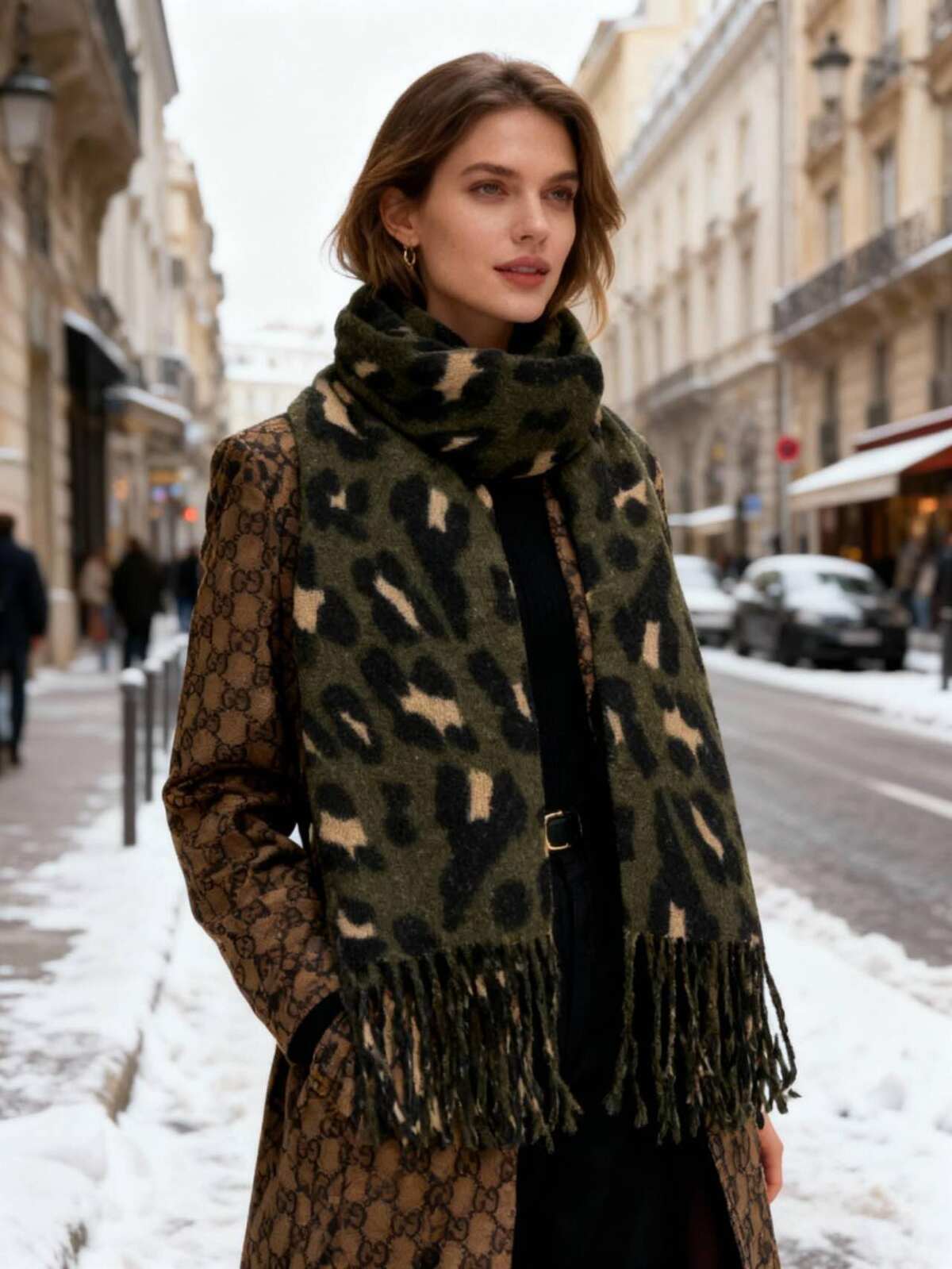 Sciarpa in Stampa Animalier - Beige, Bianco, Kaki, Tortora