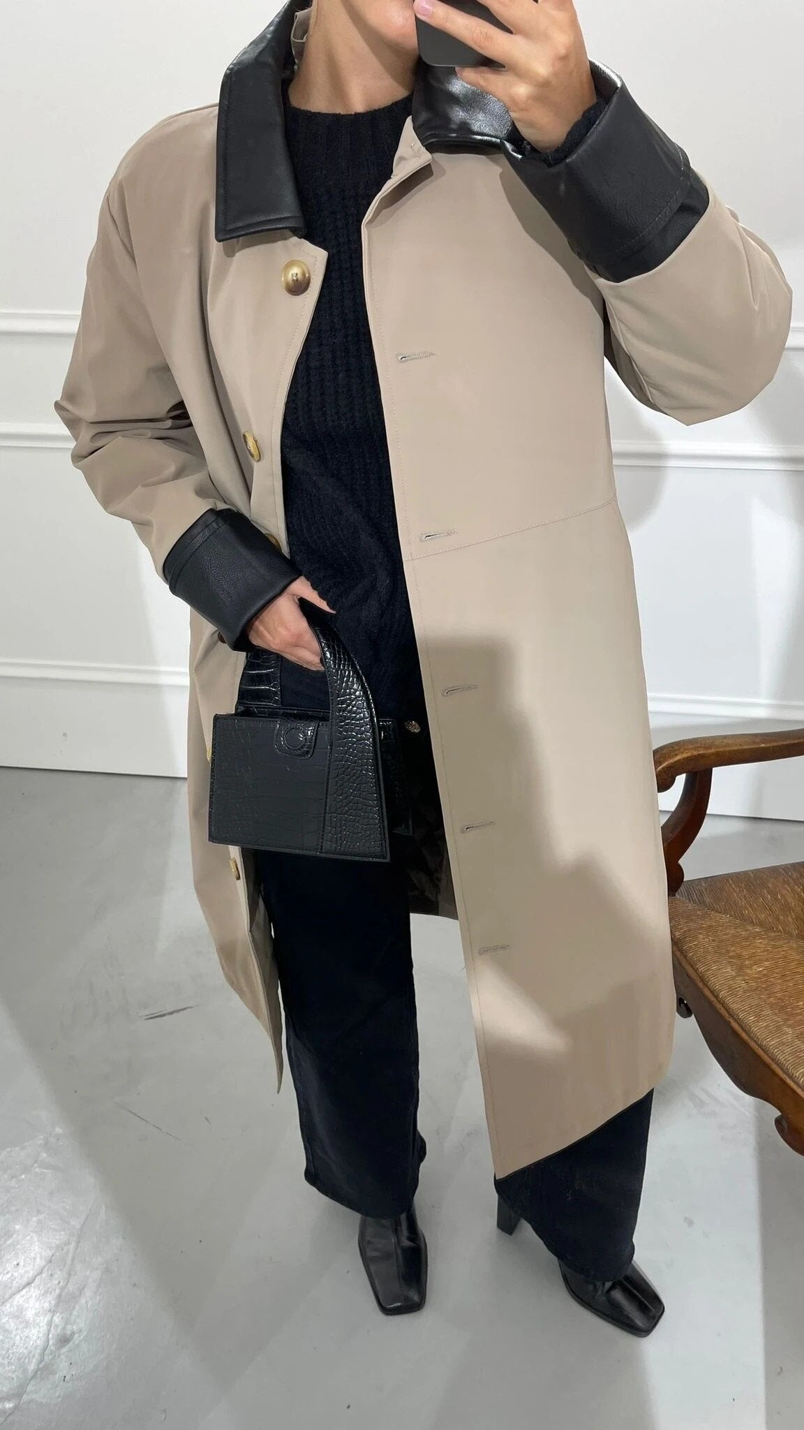 Cappottino Impermeabile Imbottito con Profili in Similpelle - Taupe, Nero