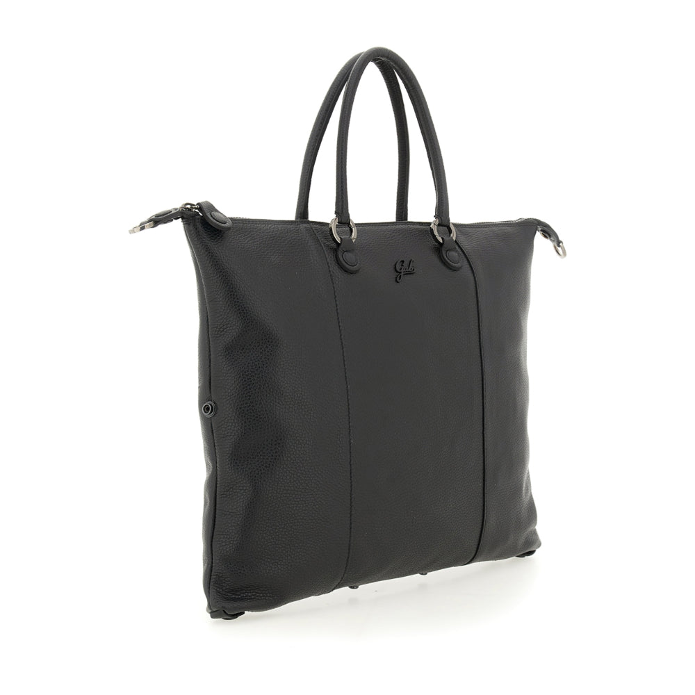 Borsa Shopper Trasformabile Large in Pelle di Vitello Martellato - Nera