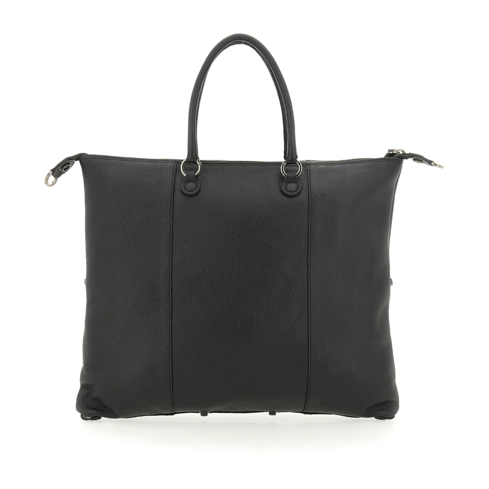 Borsa Shopper Trasformabile Large in Pelle di Vitello Martellato - Nera