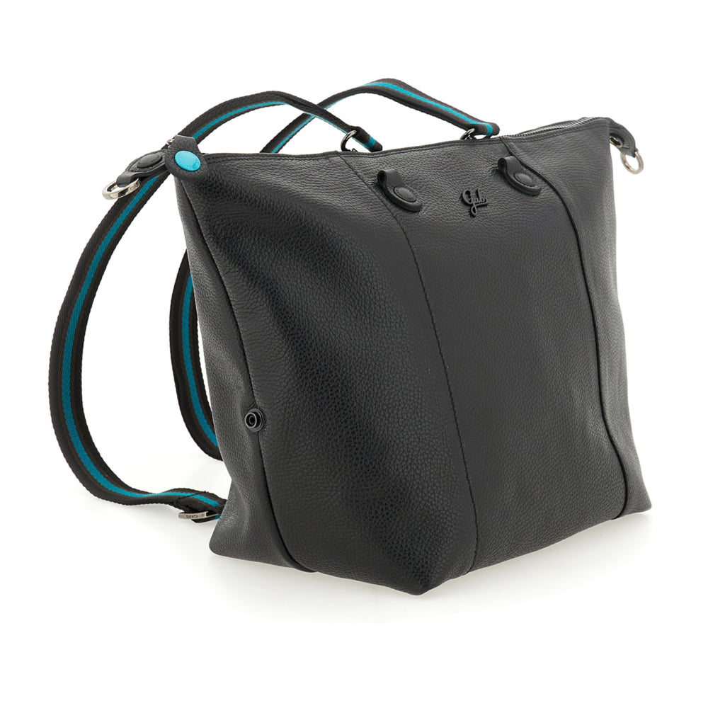 Borsa Shopper Trasformabile Large in Pelle di Vitello Martellato - Nera