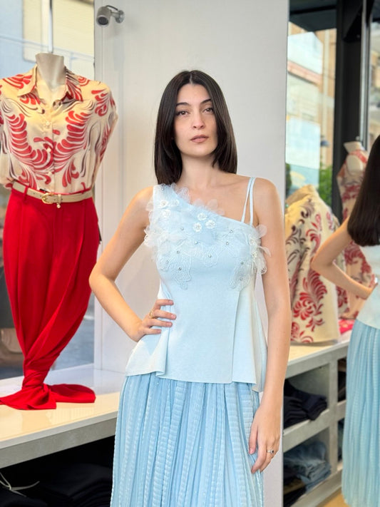 Top Monospalla Asimmetrico con Ricami e Tulle - Celeste, Bianco, Nero