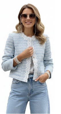Tweed Jacket with Lace Trims - Black and White, White and Light Blue