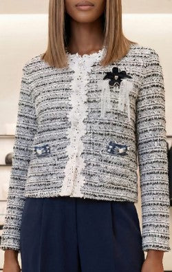 Tweed Jacket with Lace Trims - Black and White, White and Light Blue