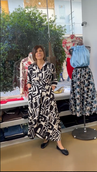 Abito Chemisier in Stampa Geometrica - Beige e Nero