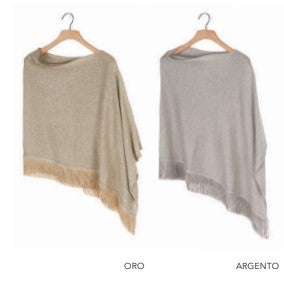 Poncho in maglia lamé con frange applicate - Marrone Bruciato, Dorato, Argentato