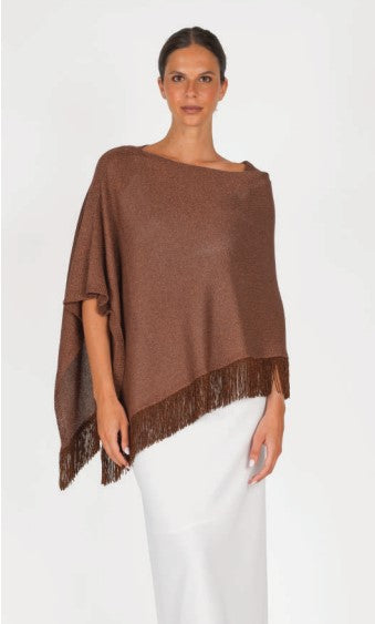 Poncho in maglia lamé con frange applicate - Marrone Bruciato, Dorato, Argentato