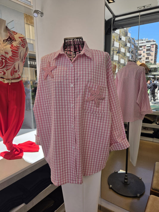 Camicia Oversize Vichy con Patch "Stelle Marine" – Rosa/Bianco