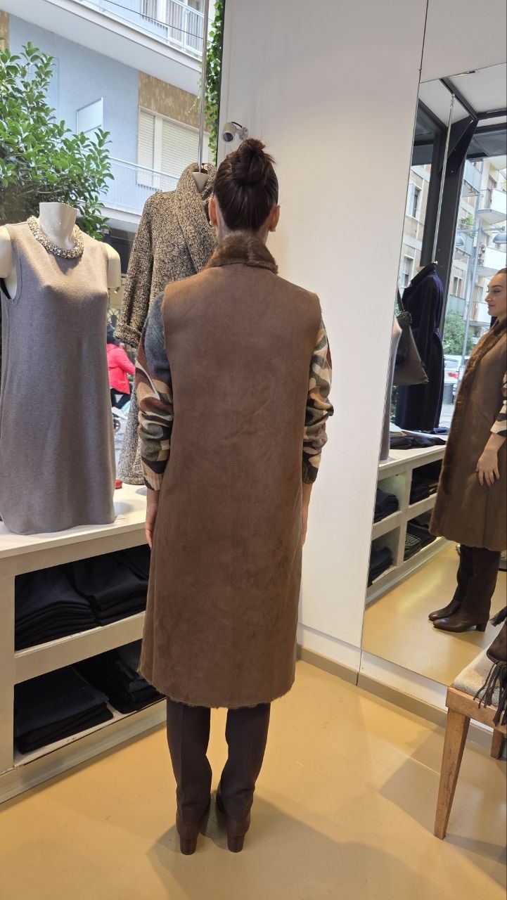 Gilet Lungo Reversibile in Finto Visone - Avorio
