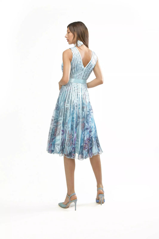 Abito Corto Stampato in Tulle e Raso con Scollo a V - Celeste