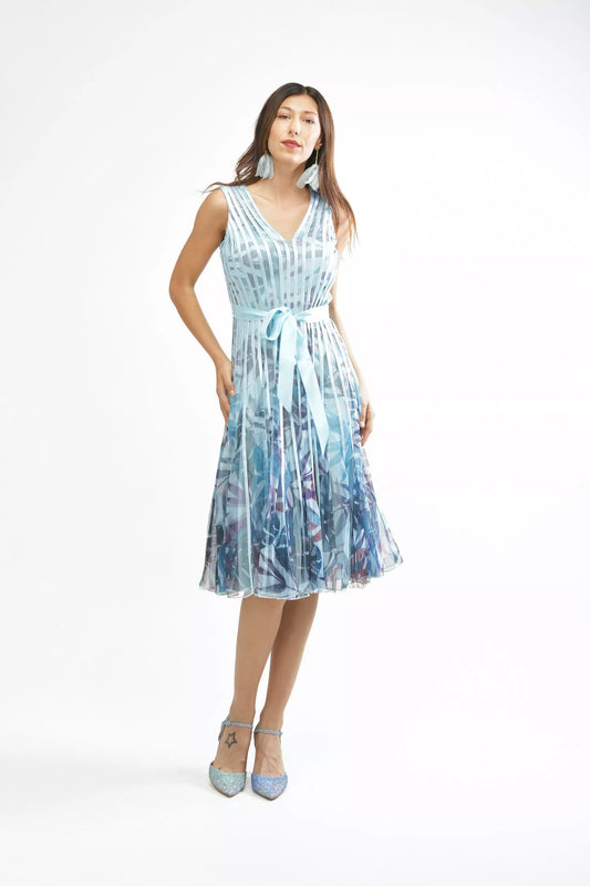 Abito Corto Stampato in Tulle e Raso con Scollo a V - Celeste