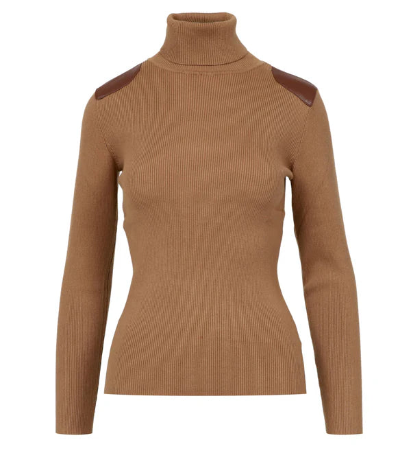 Turtleneck sweater with faux leather flaps. Camel