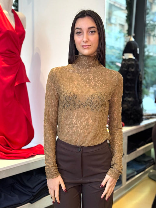 T-shirt a maniche lunghe in pizzo elasticizzato Nera