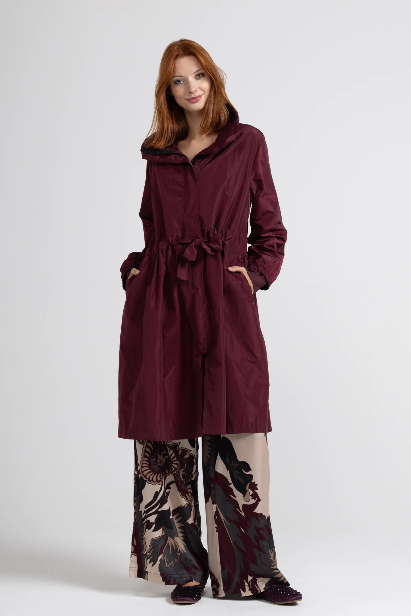 Long taffeta trench coat - Blue, Black, Rust