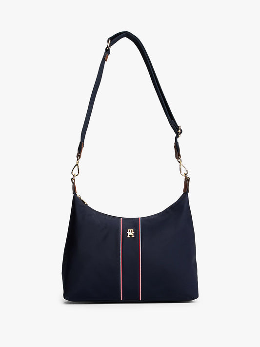 Borsa a tracolla blu in nylon con fascia iconica