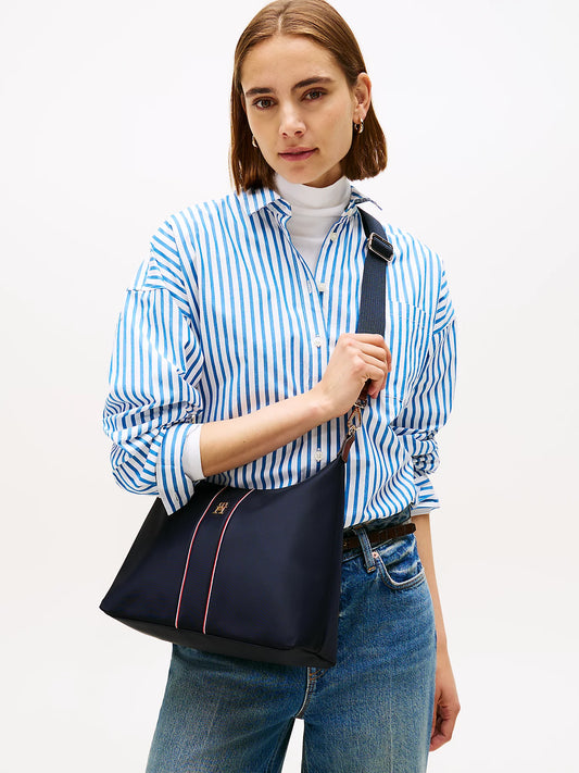 Borsa a tracolla blu in nylon con fascia iconica
