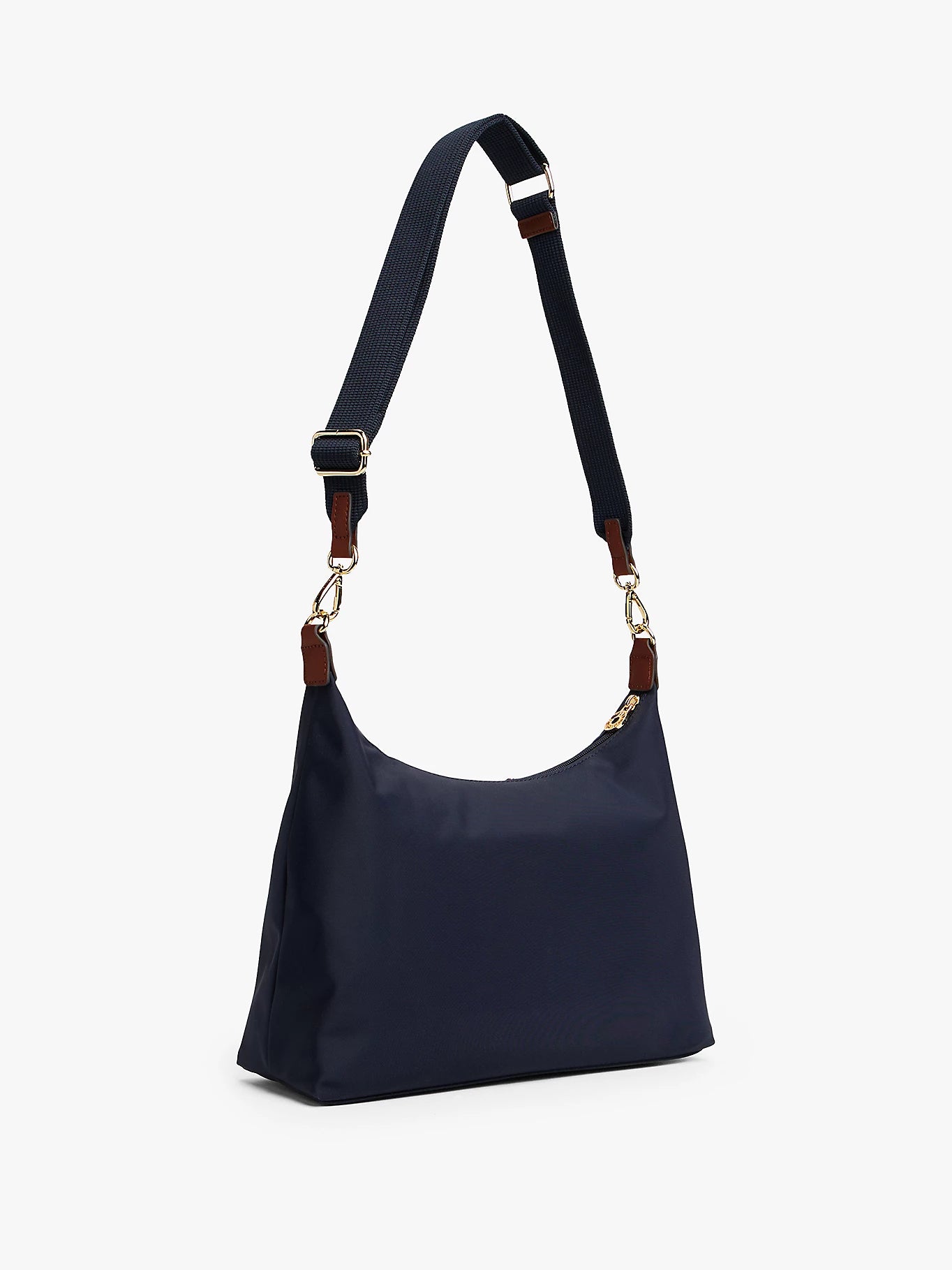 Borsa a tracolla blu in nylon con fascia iconica