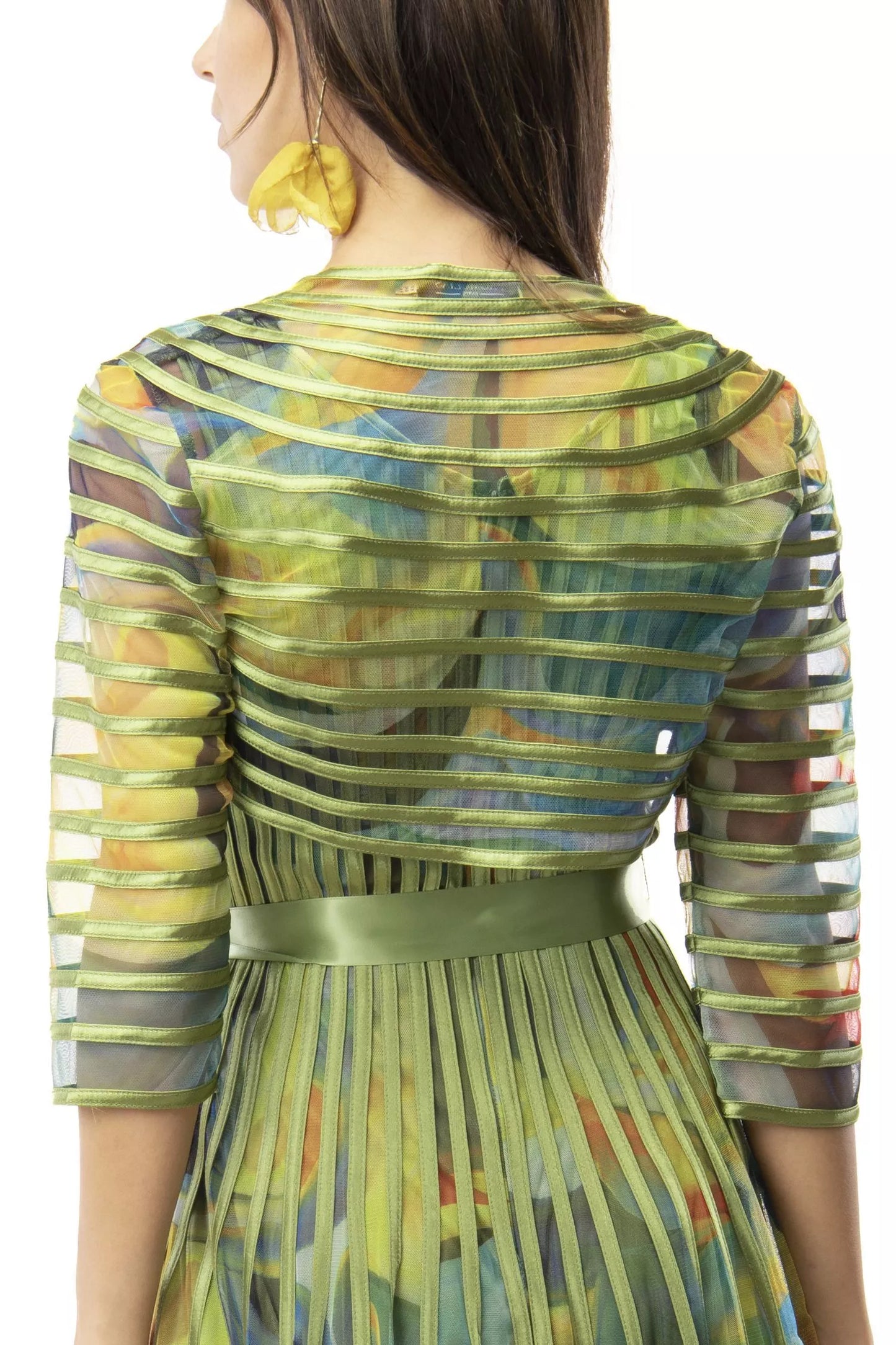 Giacca bolero stampata con fettucce in raso - Ottanio, Corallo, Verde Dorato, Blu, Verde Oliva, Bordeaux, Rosa Cipria