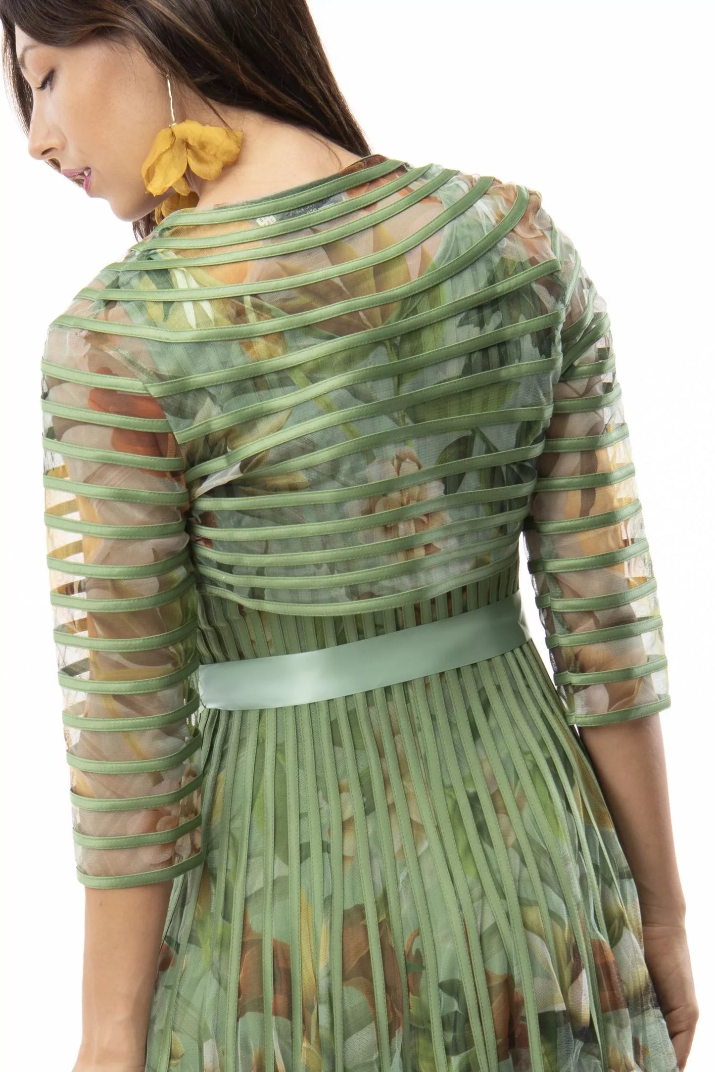Giacca bolero stampata con fettucce in raso - Ottanio, Corallo, Verde Dorato, Blu, Verde Oliva, Bordeaux, Rosa Cipria