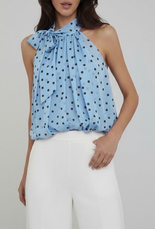 Top a Pois con Scollatura all'Americana - Kaki, Celeste, Lilla, Blu, Nero