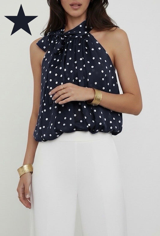 Top a Pois con Scollatura all'Americana -  Blu e Bianco