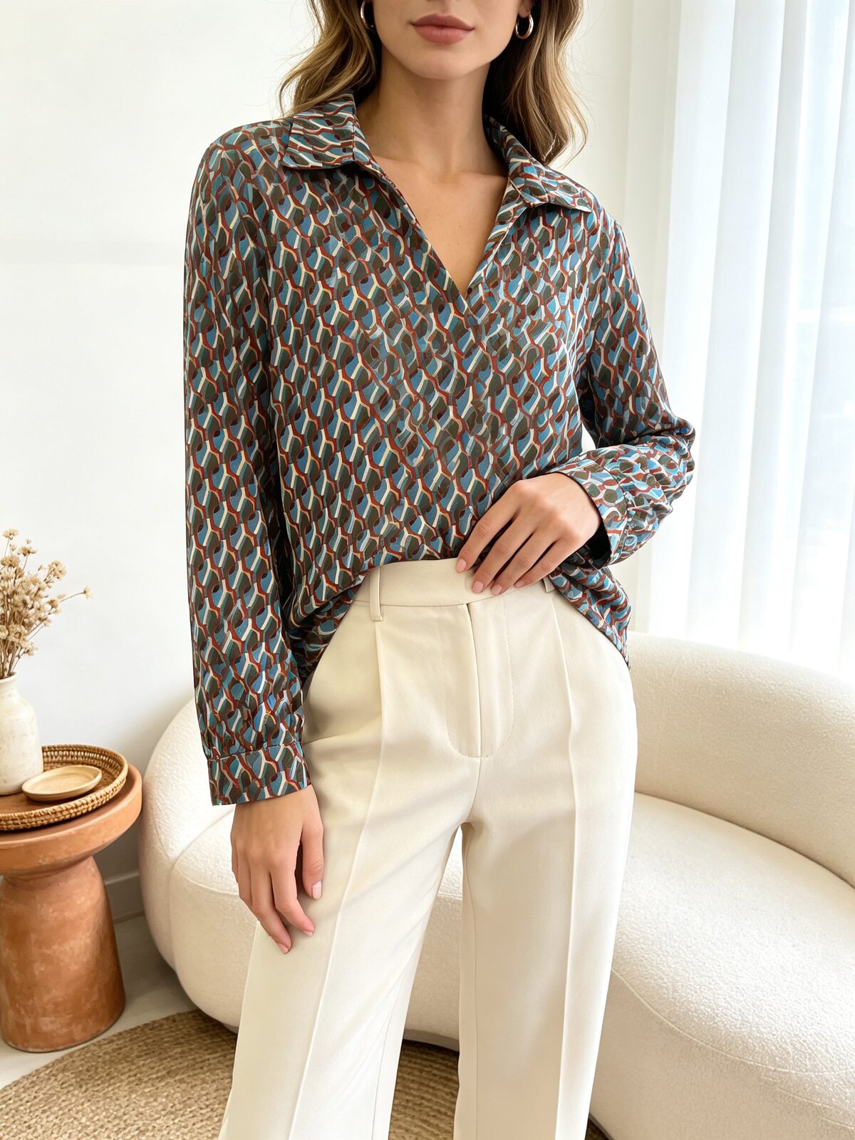 Blusa in Stampa Geometrica con Collo a Camicia