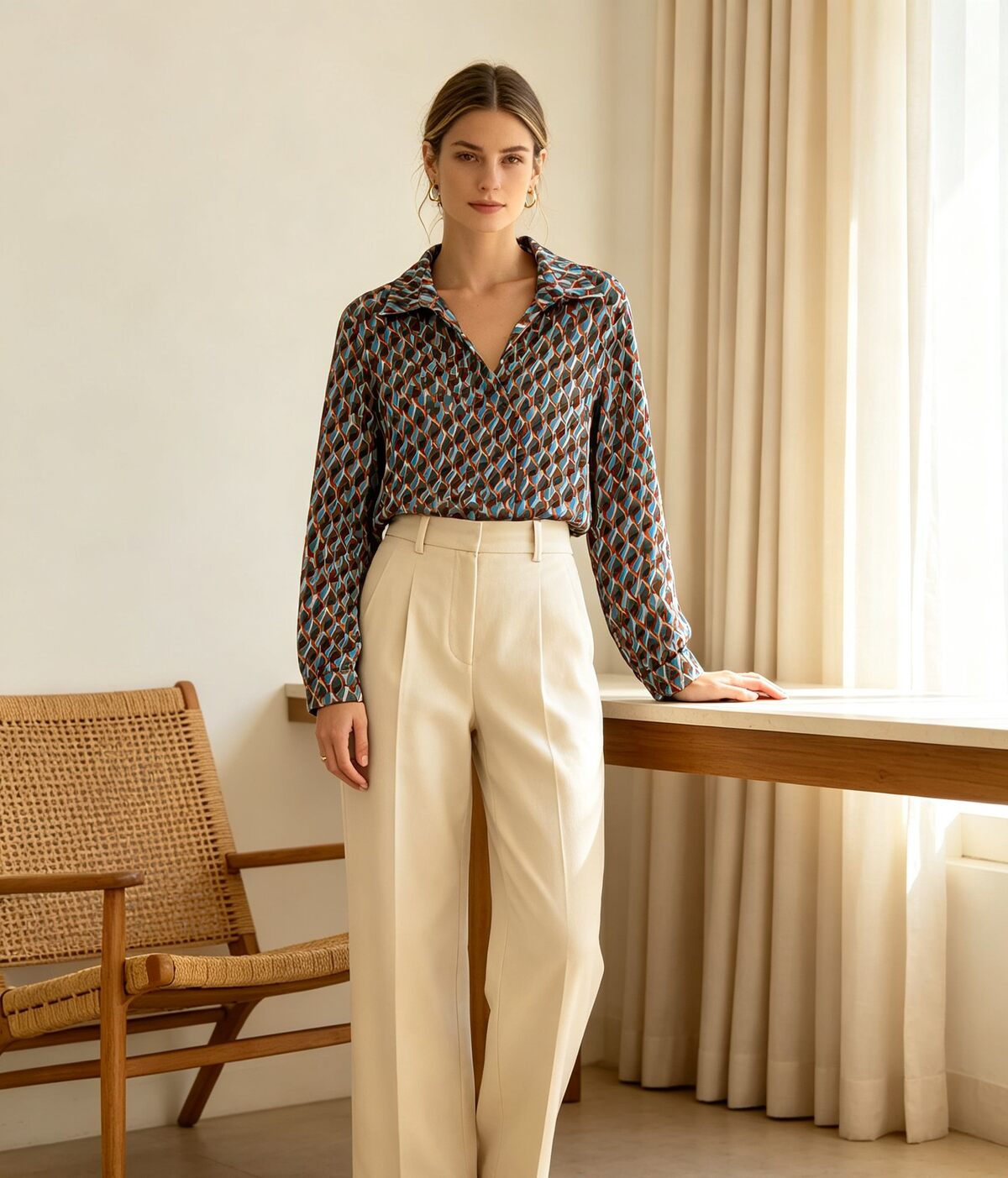 Blusa in Stampa Geometrica con Collo a Camicia