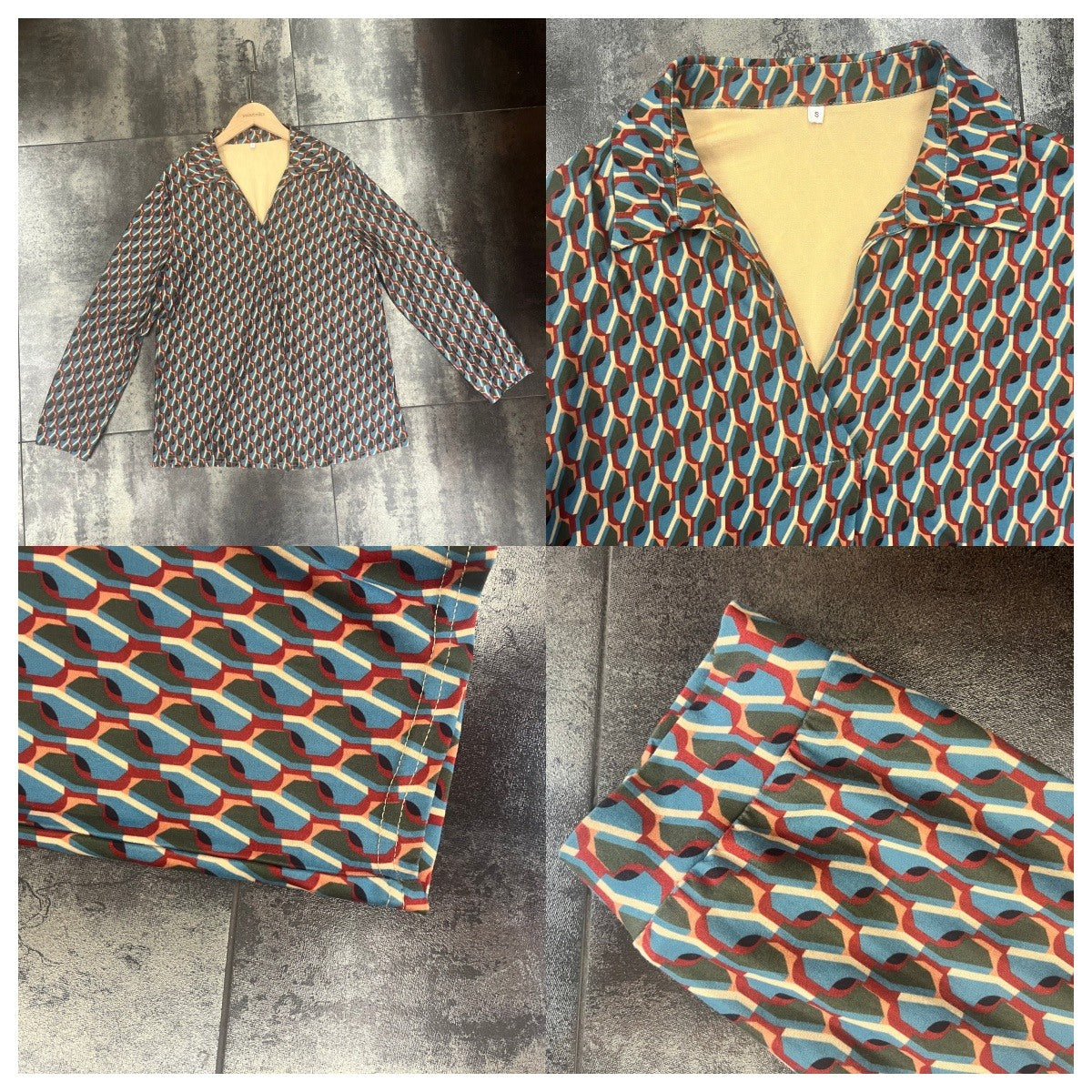 Blusa in Stampa Geometrica con Collo a Camicia