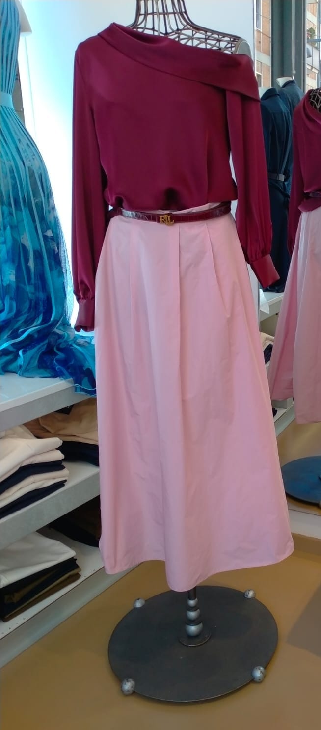 Gonna lunga in taffetà rosa o blu