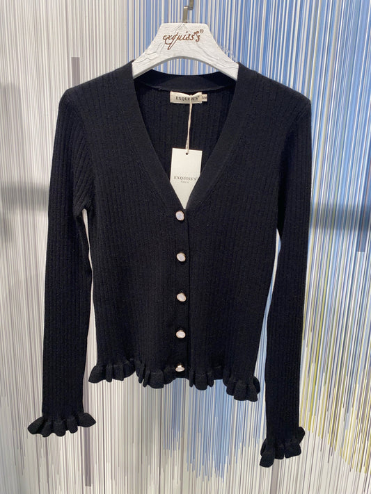 Cardigan a cannetta con rouche - Nero