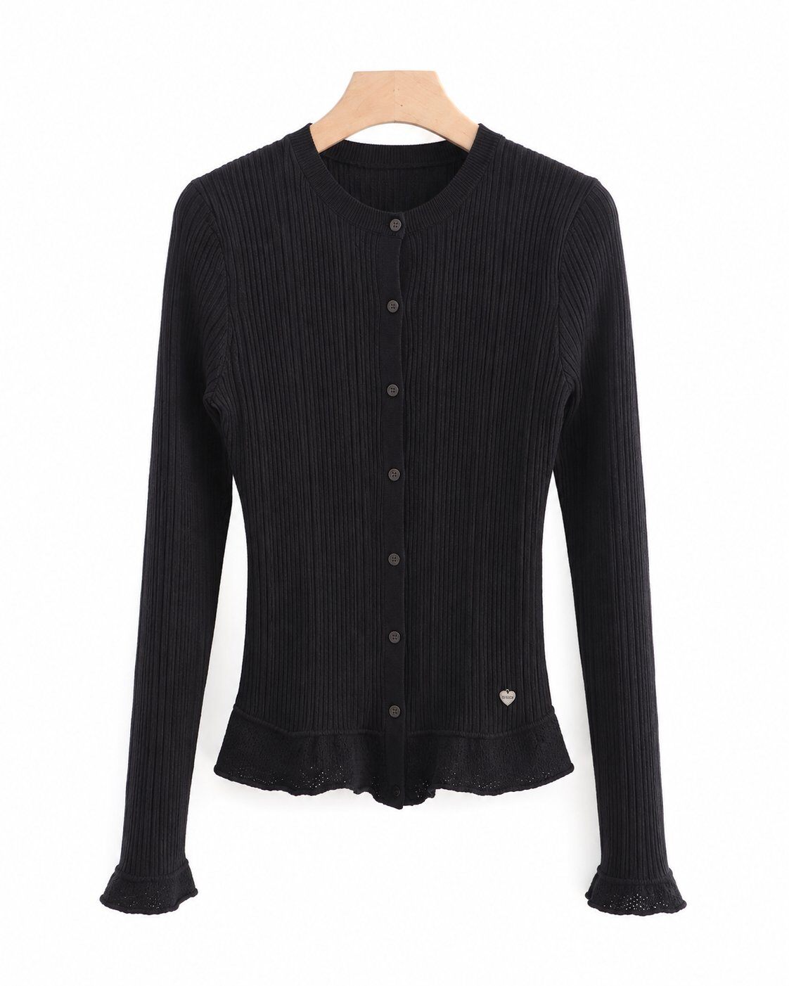 Cardigan in Maglia Aderente con Volants - Nero