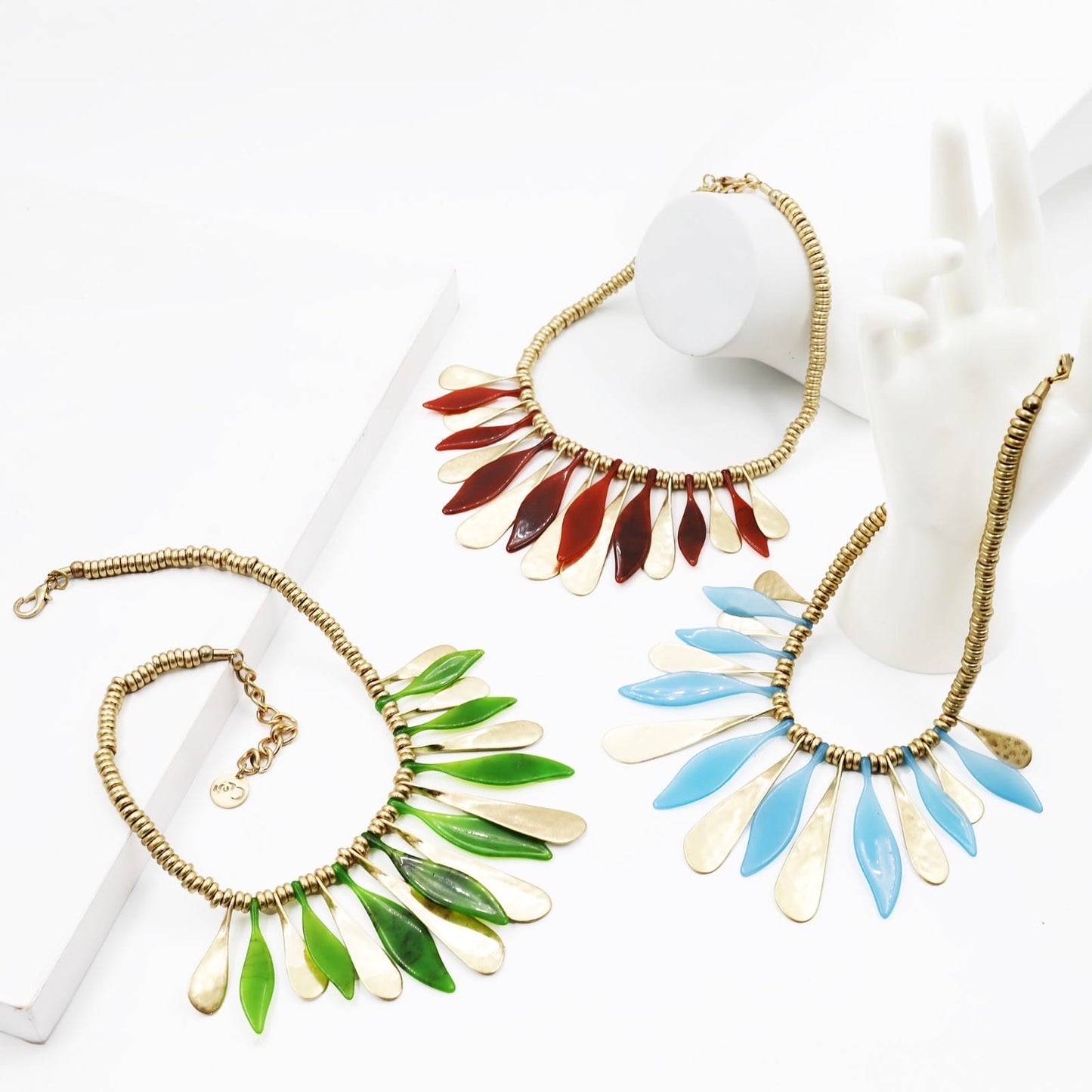 Necklace with stylized leaves - Light Blue, Green, Rust, Gold