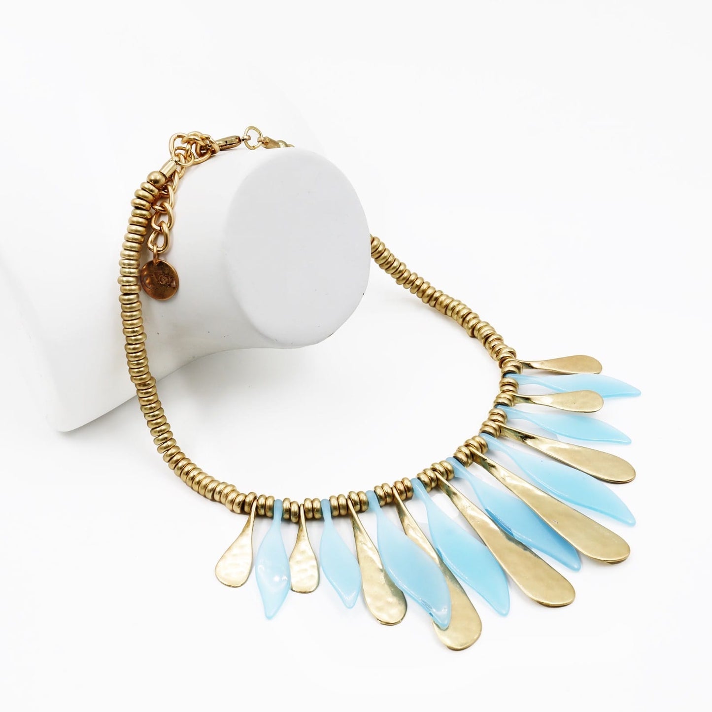 Necklace with stylized leaves - Light Blue, Green, Rust, Gold