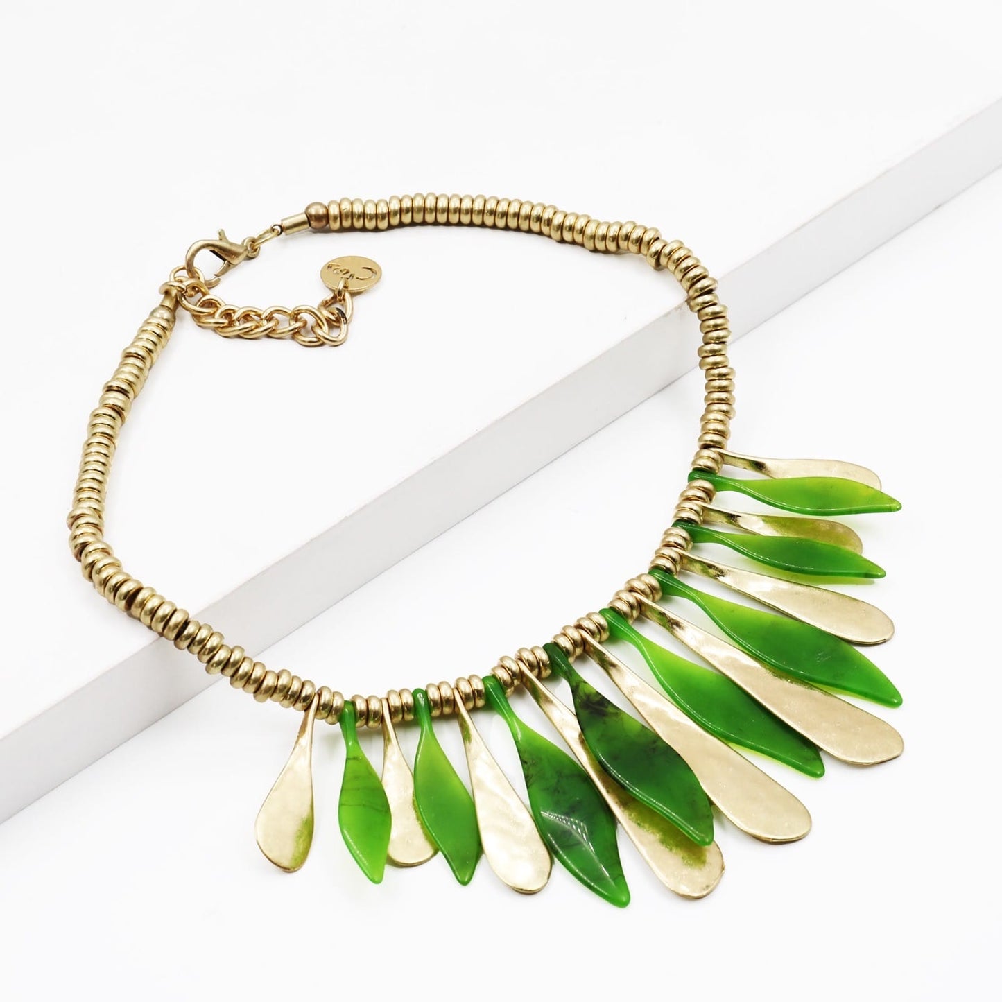 Necklace with stylized leaves - Light Blue, Green, Rust, Gold