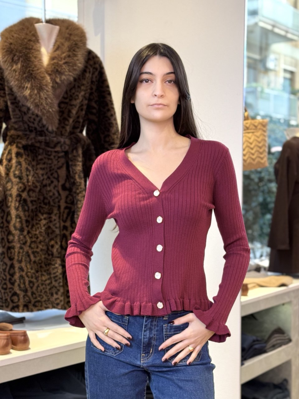 Cardigan a cannetta con rouche - Beige, Bordeaux, Nero