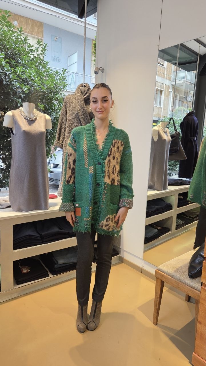 Cardigan in Maglia Patchwork Oversize - Verde, Marrone