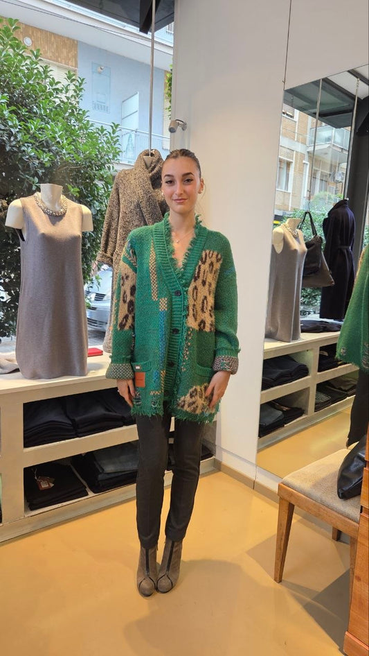Cardigan in Maglia Patchwork Oversize - Verde, Marrone